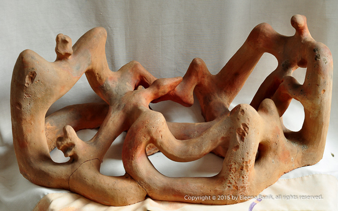 Two Women, One Man, Terracota Sculpture, Angle 1