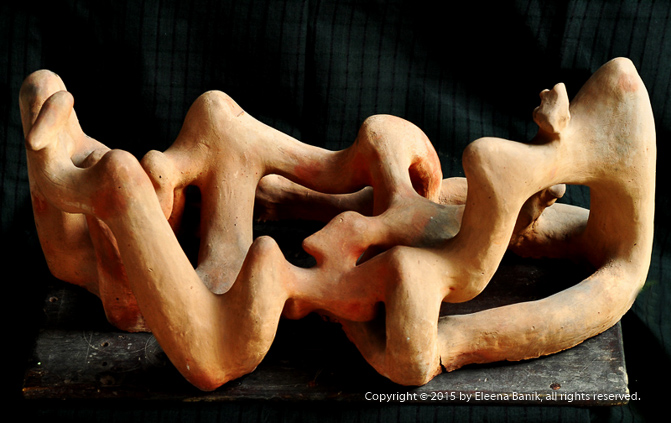 Two Women, One Man, Terracota Sculpture, Angle 2