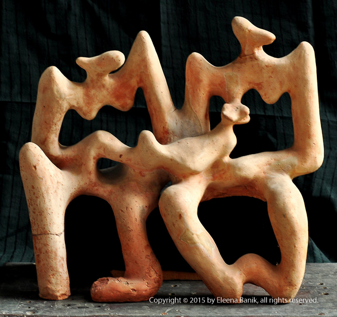 Two Women and Child, Terracota Sculpture, 2